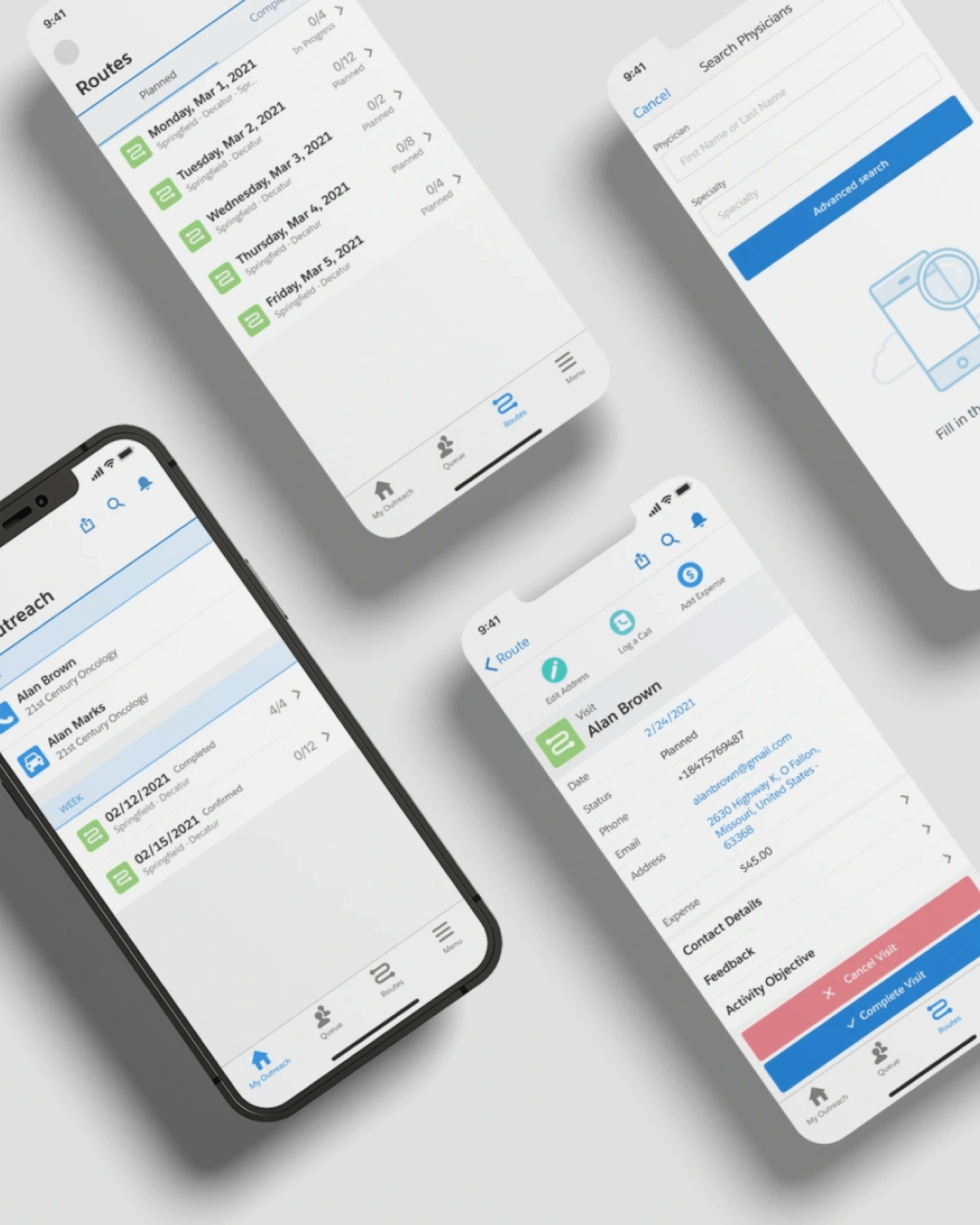 Salesforce app for physician-liaison activity tracking — mobile mockups