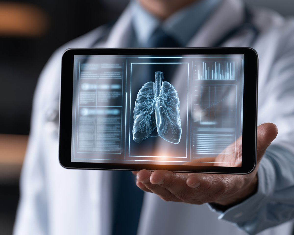 Clinician holding tablet with lung scan and analytics overlay