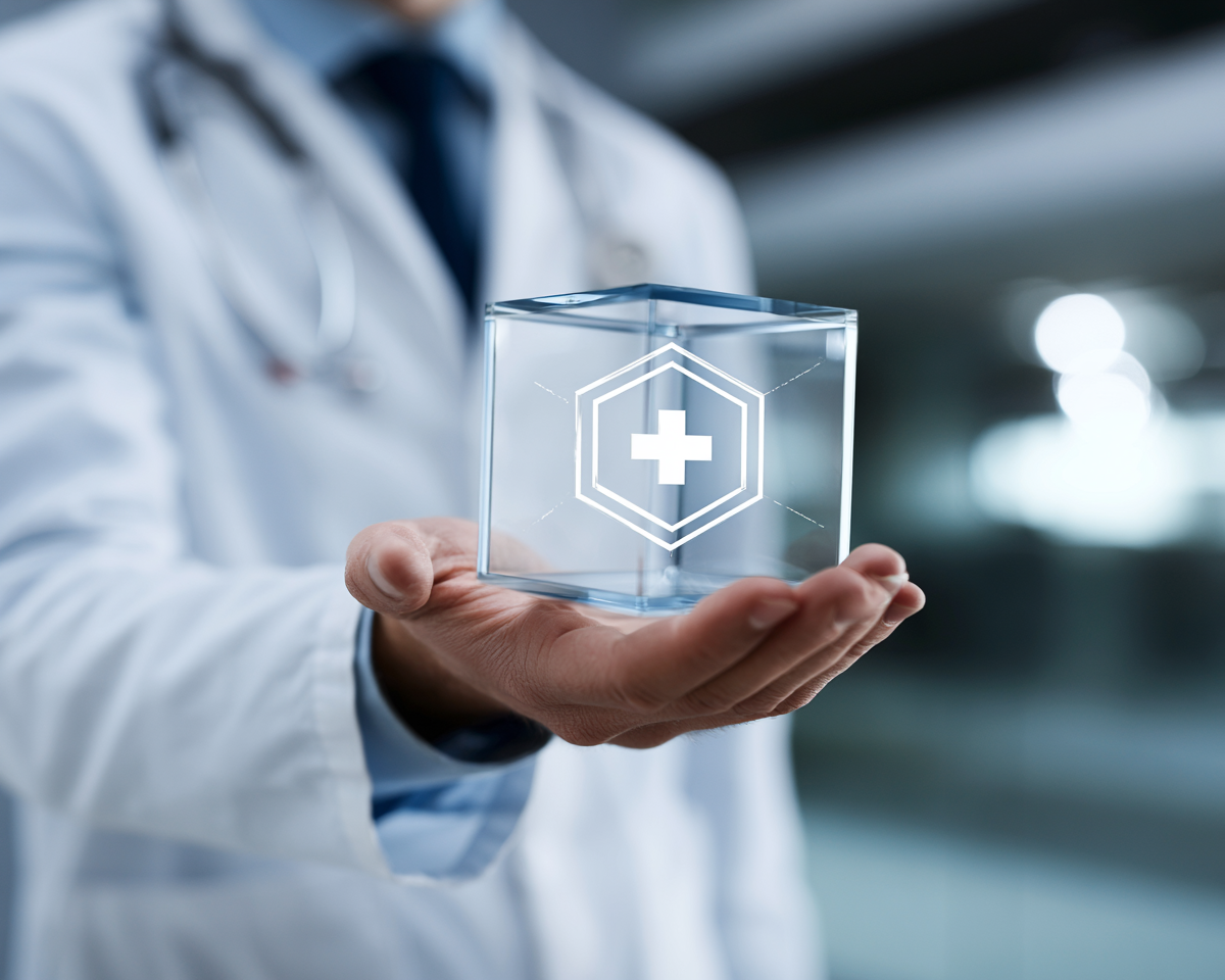 Doctor holding glass cube with medical cross — CDS Hooks