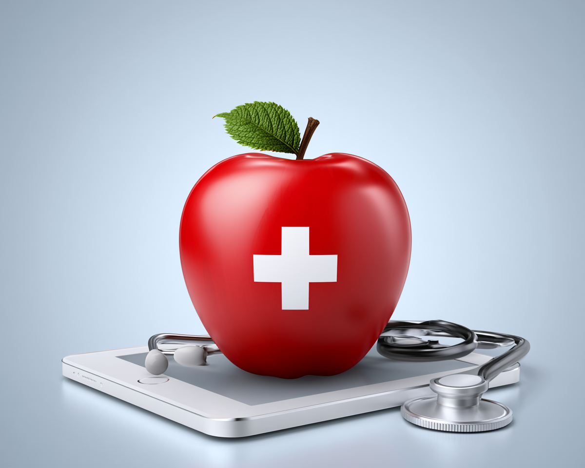 Apple with medical cross on tablet — Epic App Orchard survival