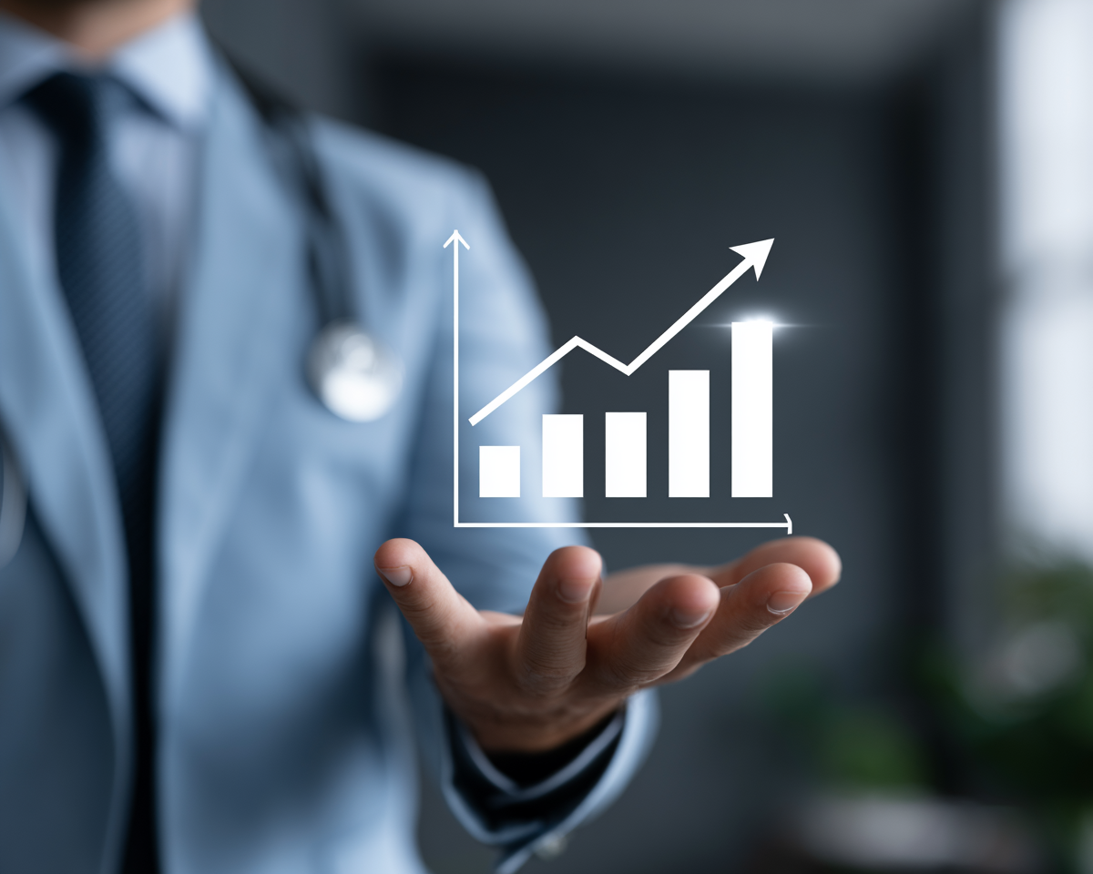 Doctor holding upward chart icon — 30% CRM cost cut