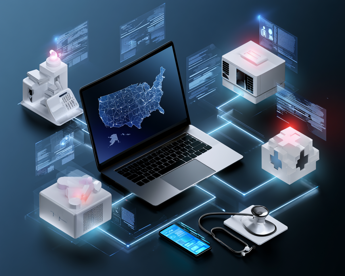 Isometric US map laptop with medical devices — multi-state telehealth
