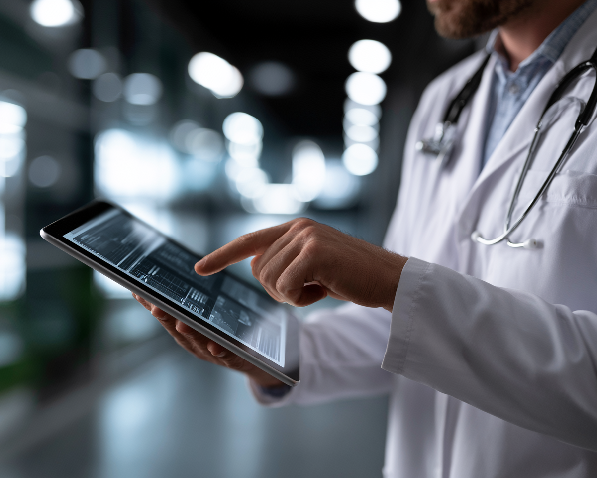 Clinician tapping tablet dashboard — portal adoption metrics