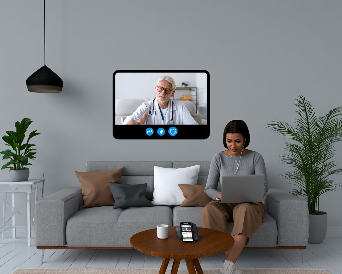 Patient on couch with telehealth screen — RPM at home