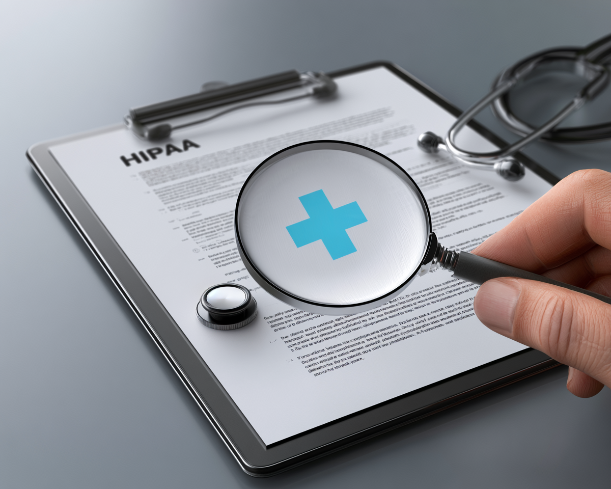 Magnifying glass over HIPAA document with stethoscope