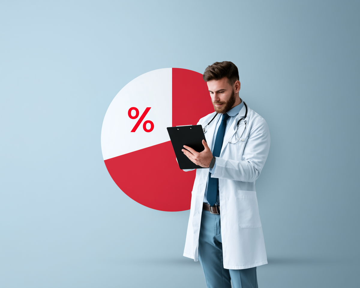 Doctor with red pie chart — insurance overspend